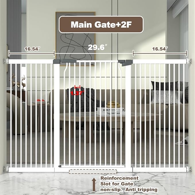 41" Extra Tall and Wide Baby Gate, 63-65.7'' Wide Pet Cat Gate for Doorway, Extra Wide Pressure Mounted Child Door with Expansion Kit, Metal Safe Gate, Tall Dog Gate, White