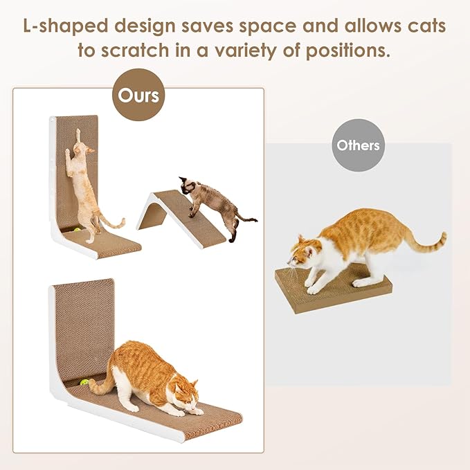 EHEYCIGA Cardboard Cat Scratcher for Indoor Cats, 26.8 Inch L Shaped Vertical Cat Scratching Board with Ball Cat Toy, Large Cat Scratcher Pad, White