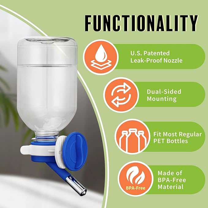 Choco Nose Patented Mini No-Drip Water Bottle/Feeder for Hamsters/Hedgehogs/Gliders/Rats/Mice/Other Small Pets and Animals - for Cages, Crates or Wall Mount. 10.2oz. Nozzle 10mm, Blue (C125)