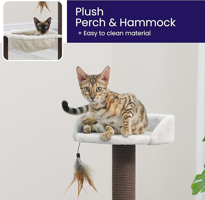 Catry Nirvana 3-Level Kitten Tree with Plush Perch, Soft Hammock, and Paper Rope Scratching Posts, Minimalist Cat Furniture for Climbing, Scratching & Resting, Ideal for Kittens & Small Cats, Beige
