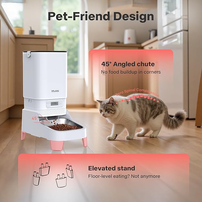Automatic Cat Feeders, 7L/29 Cups Automatic Dog Feeder, Cat Food Dispenser, No-Jam Rotor, Up to 6 Meals for 2-15 mm Dry Food, with Elevated Stand, Stainless Steel Bowl