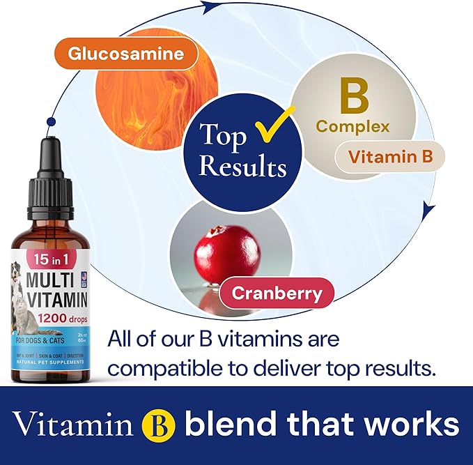 Advanced 15-in-1 Multivitamin for Dogs & Cats - Premium Liquid Supplement with Glucosamine, Vitamin B Complex and Cranberry for Joint, Digestive, Skin, Immune & UTI Support - 2.0 Fl Oz - Made in USA