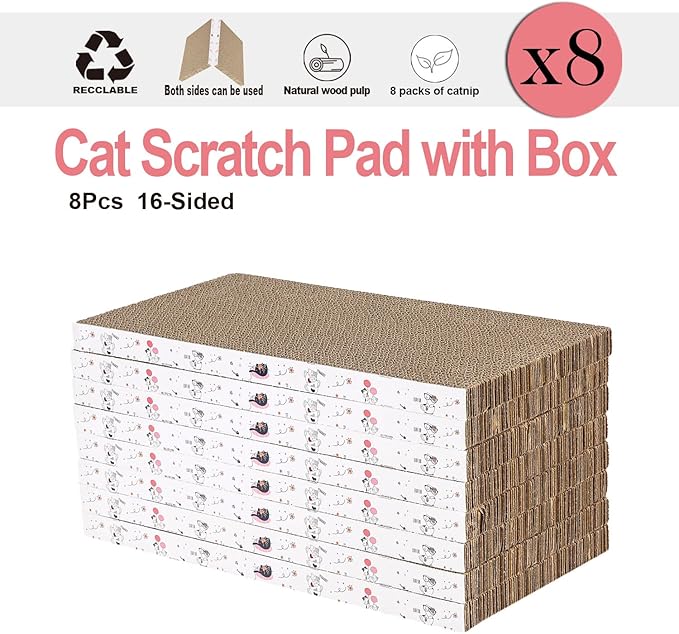 8 Packs in 1 Cat Scratch Pad, Cat Scratcher Cardboard,Reversible,Durable Recyclable Cardboard, Premium Scratch, Suitable for Cats to Rest, Grind Claws and Play