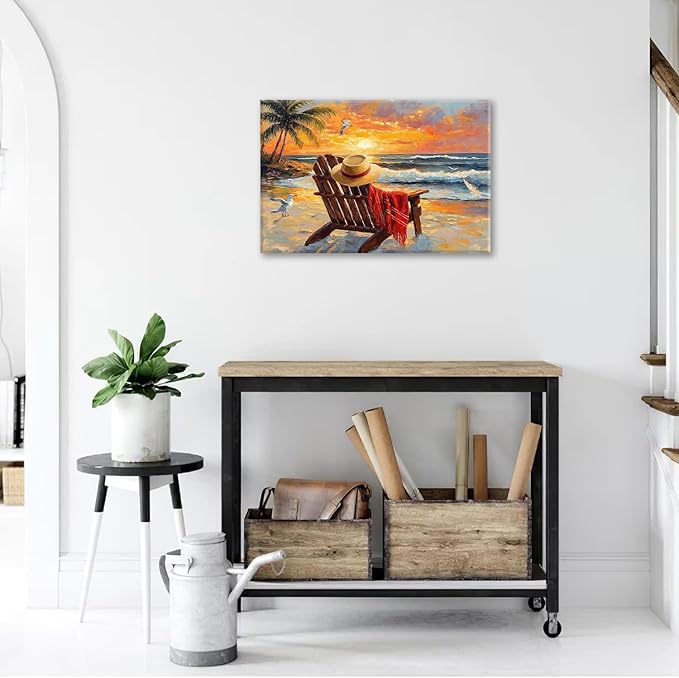 Beach Coastal Bathroom Pictures Wall Art, Seaside Ocean Bathroom Wall Decor, Sunrise Palm Framed Painting Canvas Artwork for Bedroom Living Room Decorations 24"L x 16"W