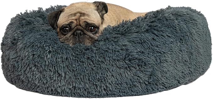 Best Pet Supplies Round Donut Dog Bed with Plush Faux Fur Fabric, Calming, Anti-Anxiety Cushion for Indoor Pets, Slip-Resistant Base, Soft Ergonomic Support - Gray, 27x27x7.5''