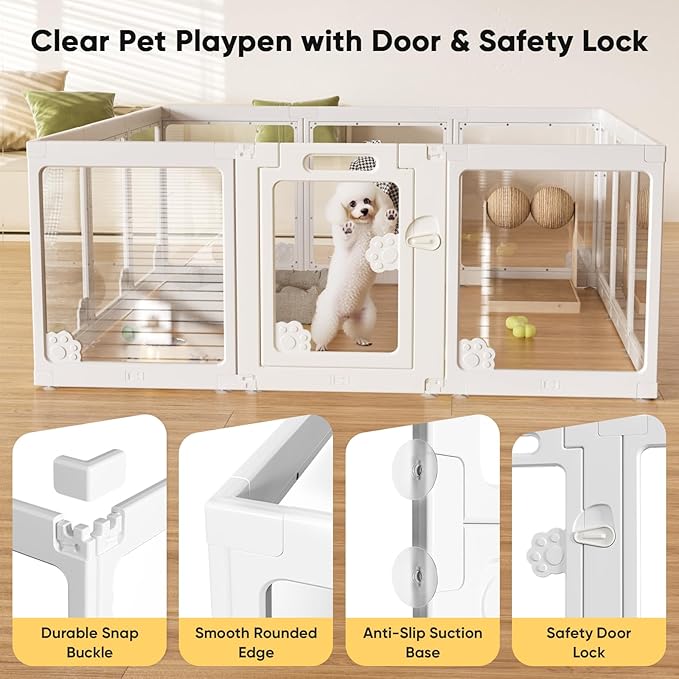 Acrylic Clear Dog Play Pen Indoors, Puppy Playpen with Door for Small Dogs Puppies, Transparent Plastic Pet Playpen Cage Fence Crate Kennel for Cat Kitten Rabbit Bunny Ferret etc (White-2 Panels)