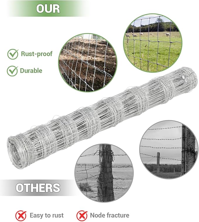 Cattle Farm Fence, 4ft x 164ft Galvanized Wire Fencing for Goat Deer Yard Livestock Animals Protection (Silver, 6x164ft)