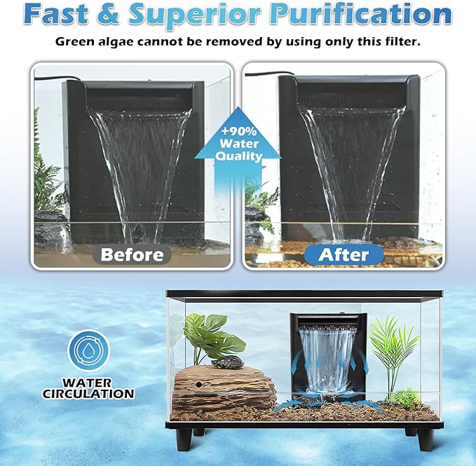 Turtle Tank Filter Aquarium Filter w/Detachable U-V Light for 30-75Gal, Waterfall Flow Adjustable Low Water Level Internal Green Clean Machine Killing Deodorization Saltwater Freshwater Crystal Clear