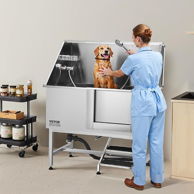 VEVOR Stainless Steel Dog Washing Station, 50 inch Pet Grooming Tub w/Stairs, PE Water Filter Board, Faucet & Showerhead & Soap Holder Dog Bathtub for Large & Medium & Small Pets (Right Door)