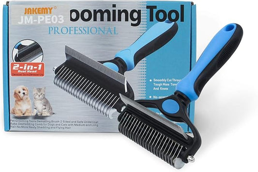 Pet Grooming Tool - 2 Sided Undercoat Rake for Cats & Dogs - Safe Dematting Comb for Easy Mats & Tangles Removing