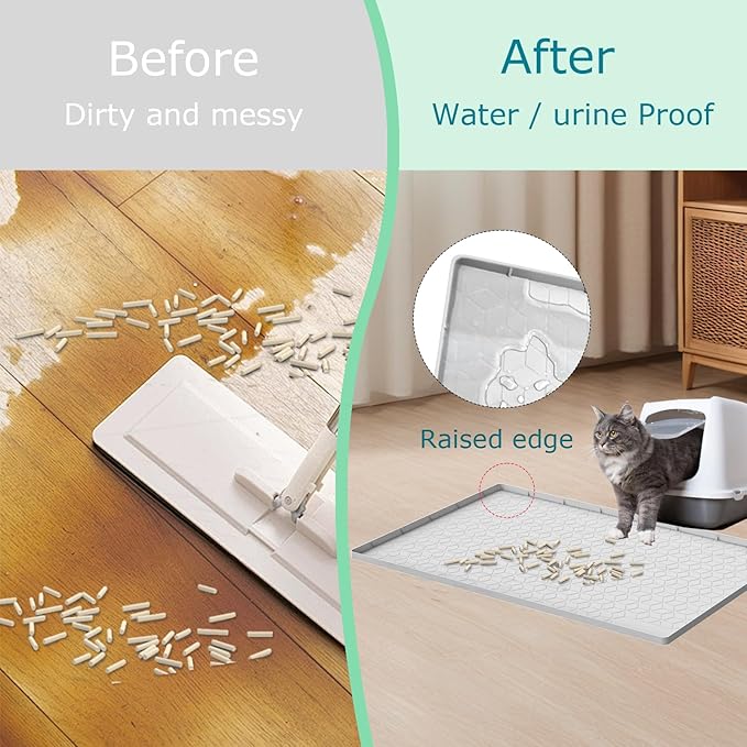 Cat Litter Mat for Litter Box, Silicone Large Cat Litter Trapping Mat - 31x22 in, Waterproof & Non-Slip, Durable & Easy Clean, Light Gray