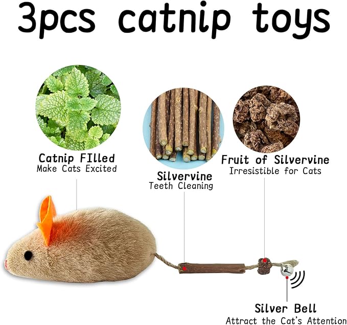 Cat Toys for Indoor Cats, 3Pcs Large 8.9" Plush Mouse Kitten Toys with Bell Tail Sound, Organic Catnip with Silvervine, Individually Packaged Dental Chew Matatabi for Exercise & Oral Health