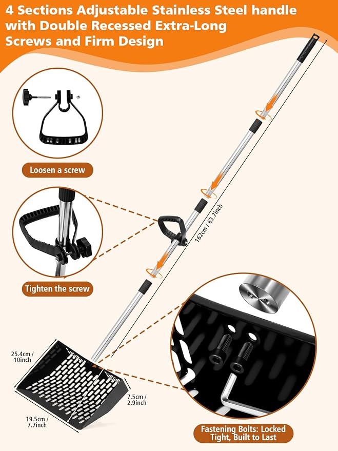 Chicken Poop Scooper with Ergonomic D-Grip 64" Long Handle 4 Sections Adjustable Stainless Steel Chicken Coop Scooper for Sand Sifting Shovel Farm Beach Garden Yard Waste Litter Pooper Cleaning Tools