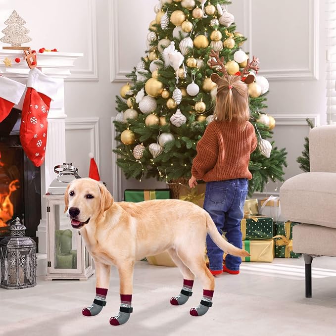BEAUTYZOO Christmas Winter Anti-Slip Dog Socks with Grips Traction Control for Small Medium Large Dogs, Non Skid Indoor Double Side Pet Paw Protector for Hardwood Floor Wear, Snowflake S/M