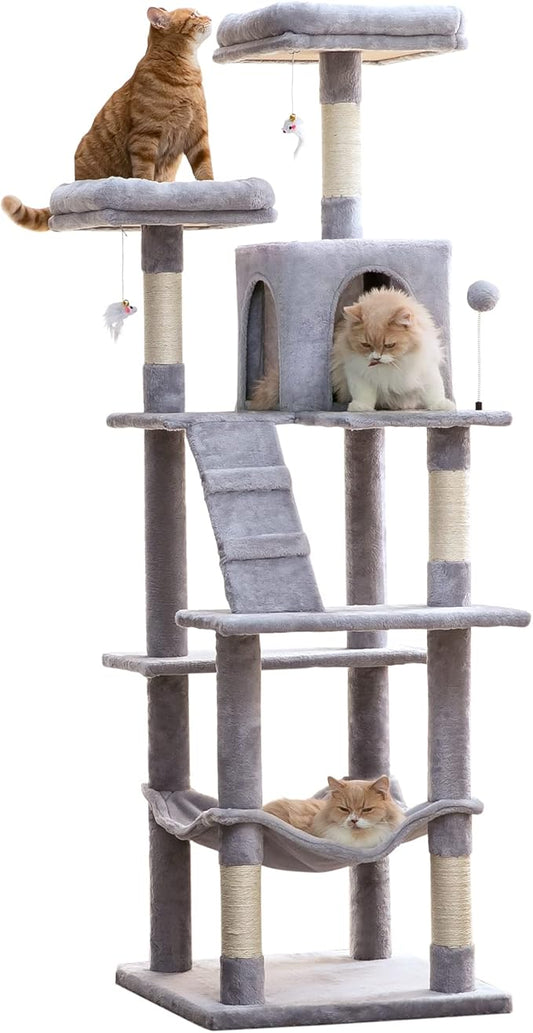 MWPO 70.1-Inch Large Cat Tree, Multi-Level Tall Cat Tower for Indoor Cats, Plush Cat Condo with Big Padded Perches, Sisal-Covered Scratching Posts, Hammock, Toys for Kittens & Cats - Light Grey