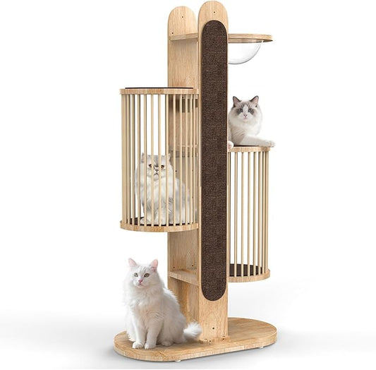 Modern Cat Tree Tower for Indoor Cats, 67" Tall Solid Wooden Cat Tower with Scratching Posts, 6 Level Natural Luxury Cat House with Big Bed, Washable Cushions Cat Furniture for Large Cats Brown