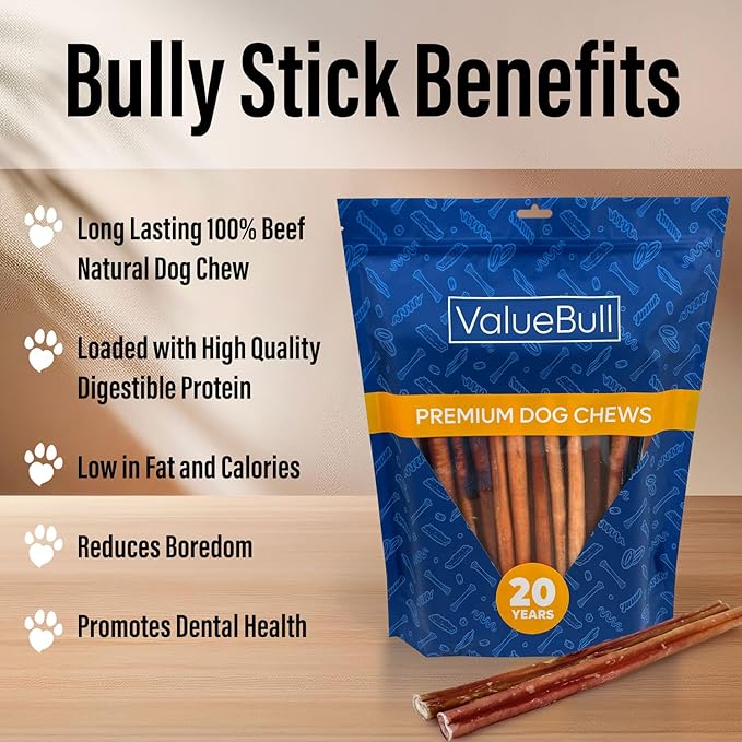 ValueBull Bully Sticks for Dogs, Thick 12 Inch, 25 Count - All Natural Dog Treats, 100% Beef Pizzles, Single Ingredient