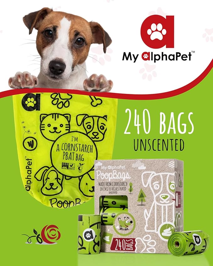 Compostable Dog Poop Bags, Cornstarch Eco-Friendly, HOME COMPOST NF T 51-800, 240 Count, Large Size Bag 9x13 Inches, 16 Unscented Refill Rolls, Leak-proof, Plantbased, GM-Free Corn (Green)