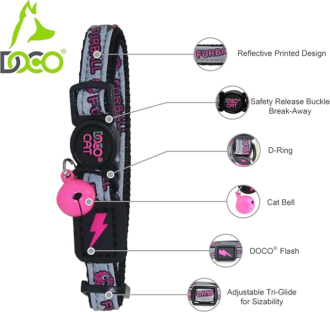 DOCO Cat Collar (Neck Girth - 3/8" x 7.5-12", Weight Upto - 13lb) Reflective Cat Collar with Bell, Breakaway Safety Buckle, Adjustable Nylon Strap for Kittens & Adult Cats (Orange)