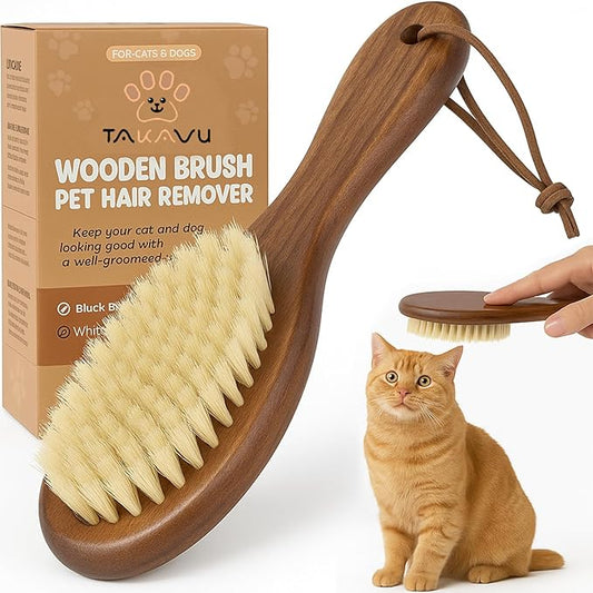Takavu Natural White Boar Bristle Cat Brush - Gentle Grooming Tool for Sensitive Skin, Smoothing Fur & Healthy Shine - Soft Pet Brush