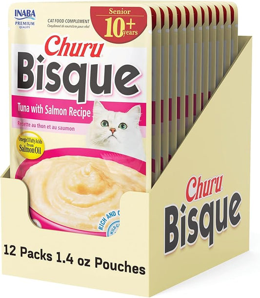 INABA Churu Bisque for Cats Senior 10+, Creamy Purée Side Dish Pouch, 1.4 Ounces per Pouch, 12 Pouches Total, Tuna with Salmon Recipe