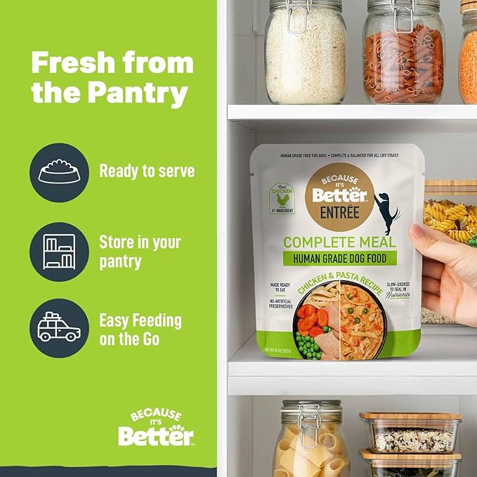 Because it's Better Entrée Complete Meal, Chicken & Pasta Recipe, Human Grade Wet Dog Food, 10 oz Pouches, 6 Count