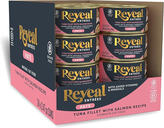 Reveal Entrées Natural Wet Cat Food Paté, Grain-Free with Added Vitamins & Minerals, Carrageenan-Free Tuna Fillet with Salmon Paté Recipe (24 x 2.47 oz Cans)