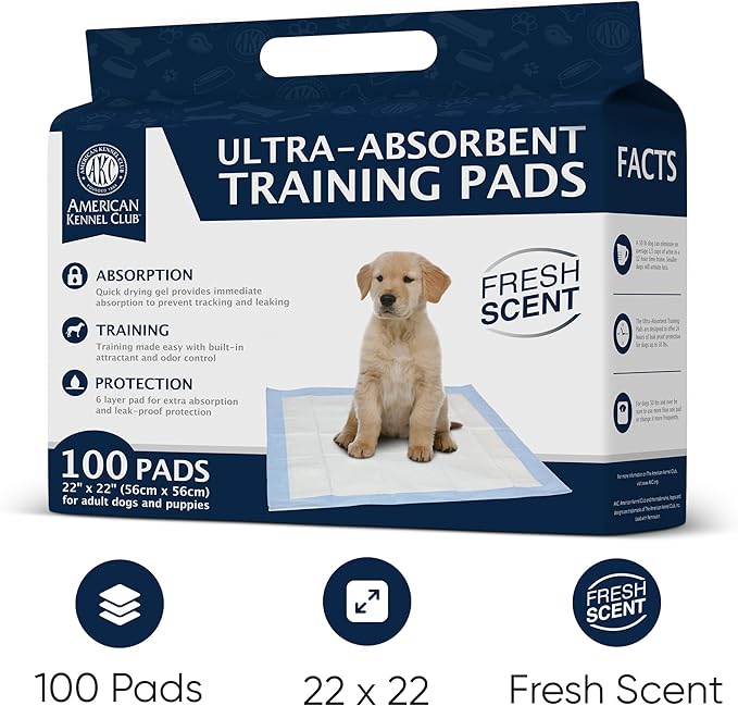American Kennel Club Scented Puppy Training Pads with Ultra Absorbent Quick Dry Gel – 22 x 22 Pee Pads for Dogs - Fresh Scented - Pack of 100