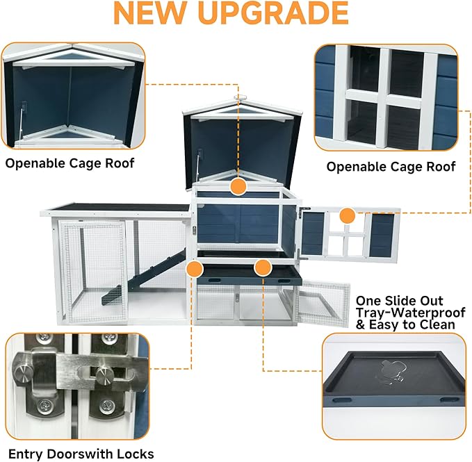 GARWOOD Large Outdoor Indoor Rabbit Hutch Wooden Bunny Rabbit Cage 2-Story with Run No-Leak Pull-Out Tray Waterproof Asphalt Roof Ramp for Guinea Pig Small Animal Wood Pet House Home Blue White