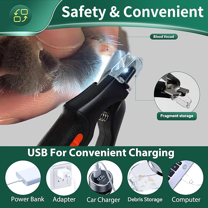 2-in-1 Dog Nail Clippers & Cat Nail Clippers Trimmers for Large Medium Small Dogs Cats Claw Trimmer Quick Sensor and Safety Guard USB Rechargeable with 2 LED Lights Dogs Nail Trimmer