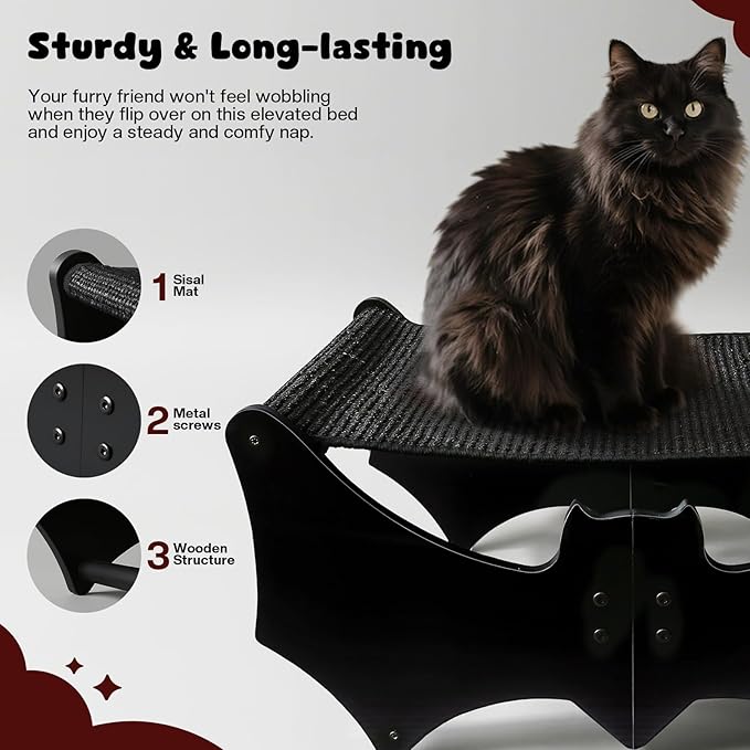 Halloween Gothic Cat Bed with Bat Design, Wooden Elevated Cat Beds with Sisal Scratching Mat, Cats Scratcher Bed with Removable Fluffy Cushion, Raised Pet Bed for Large Cats, 22" L x 17.7" W, Black
