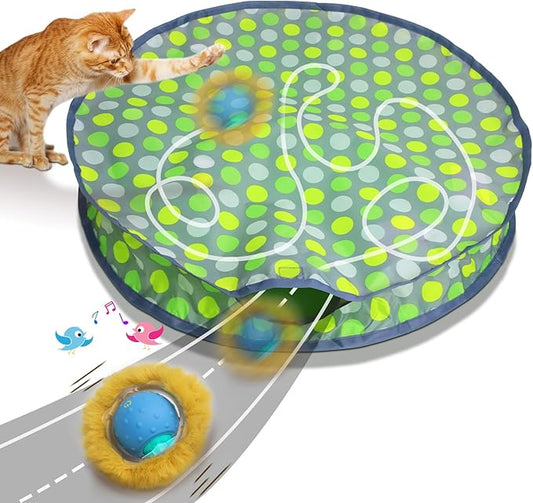 Interactive Cat Toys Ball Fast Rolling in Pouch, Motion Activate Chirping Cat Toy Hide and Seek Mouse Catching Game (Halloween Party)