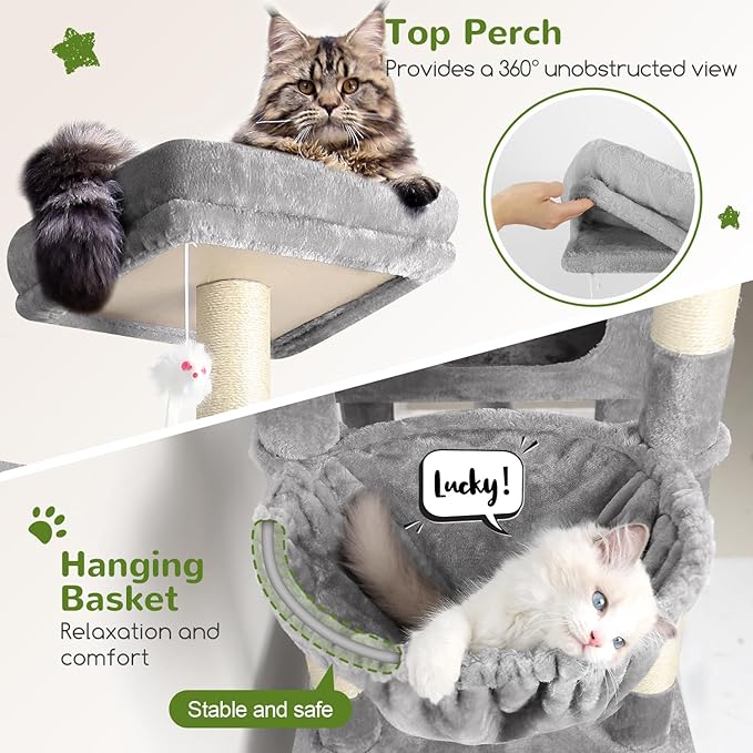 Globlazer Extra Large Cat Tower, 81-inch Tall Cat Tree for Big Cats 20 lbs, XXL Heavy Duty Cat Scratching Tower for Indoor Adult Cats with 3 Cat Condos, 8 Scratching Posts, F81, Light Grey