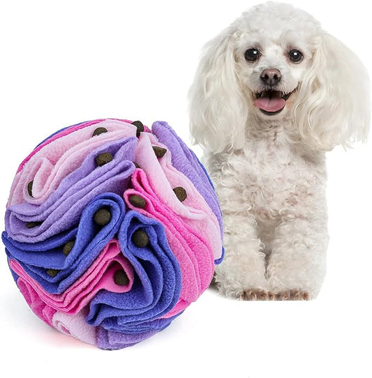 Pet Snuffle Ball, Puzzle Sniffing Interactive Dog Ball for Blind Dogs Training Stress Relief Dog Enrichment Toys Treat Machine Washable (Pink and Purple, 10cm)