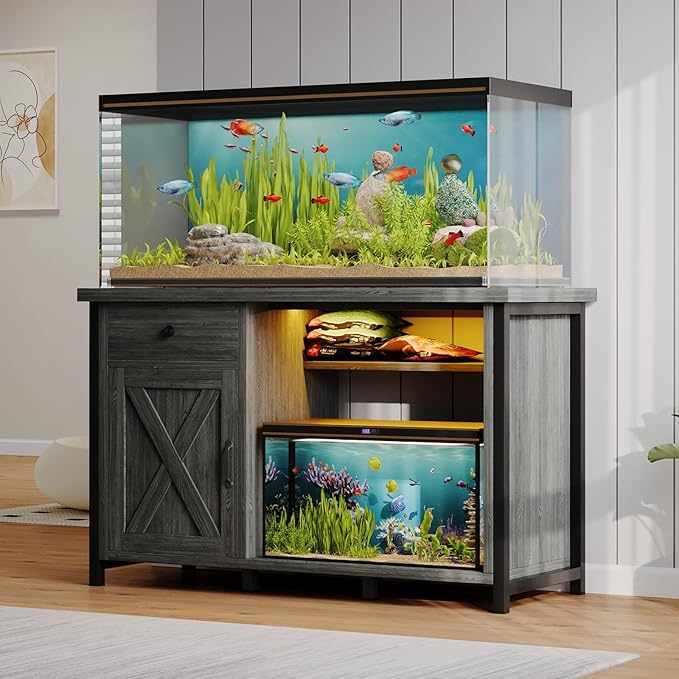4ever2buy 55 Gallon Fish Tank Stand with LED Light & Power Outlets, 55-75 Gallon Aquarium Stand with Drawer & Barn Door, Cabinet for Fish Tank Accessories Storage for Reptile Tank, Turtle Tank, Gray