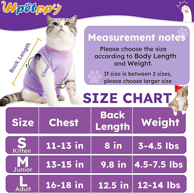 Cat Recovery Suit for Spay Abdominal Wound, Breathable Kitten Onesie for Cats After Surgery, Anti Licking Cat Cone Alternative, Pet Surgery Recovery Shirt-Purple(L)
