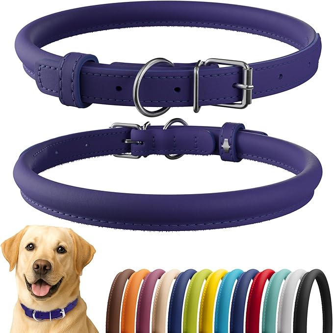 CollarDirect Rolled Leather Dog Collar, Soft Padded Round Puppy Collar, Handmade Genuine Leather Collar Dog Small Large Cat Collars 13 Colors (18-22 Inch, Purple Smooth)