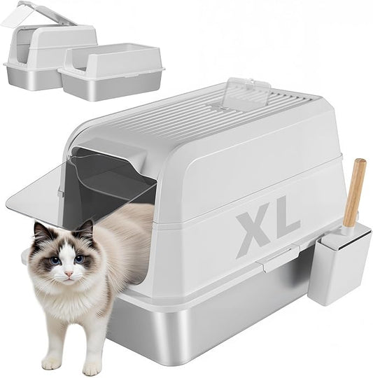 Stainless Steel Litter Box with Lid, XL Extra Large Cat Litter Box, Enclosed Metal Litter Pan with High Sided Enclosure & Scoop, Anti Leakage, Easy to Clean, Odor Control (White)