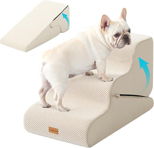 Gardner Pet Dog Stairs for Small Dogs 16.5" H, 2 in 1 Transformable 3-Step Pet Stairs and Dog Ramp for Couch (13-20 in), Beige Adjustable Pet Steps with Non-Slip Waterproof Cover and CertiPUR-US Foam