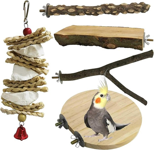 kathson 5PCS Wood Bird Perch Wooden Parrot Stand Toy Parakeet Standing Platform Chew Toys Natural Cuttlebone Paw Grinding Stick Cockatiels Cage Accessories Exercise Toy for Conures Budgies Lovebirds
