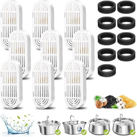 Cat Water Fountain Filters, 9 Pack Replacement Filters & Replacement Pre-Filter Sponges for Stainless Steel Pet Fountain with Water Level Window, Fountain Carbon Filters for Dog Water Dispenser Bowl