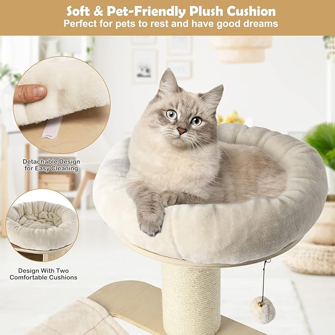 Tangkula Modern Cat Tree, Multi-Level Large Cat Tower with Condo, Hammocks & Hanging Basket, Tall Cat Tree with Sisal Posts, Washable Cushions, Wood Cat Trees and Towers for Indoor Large Cats