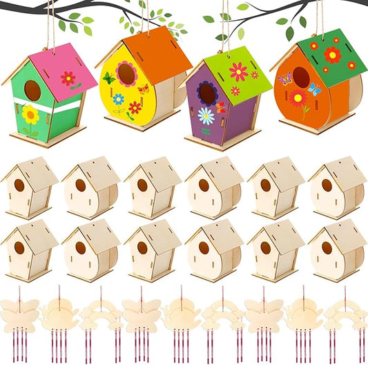 30 Pcs Crafts DIY Bird House Wind Chime Kit Unfinished Wood Birdhouse Kits 12 Wooden Birdhouses & 18 Wind Chimes Build and Paint Birdhouses Bulk Crafts Set