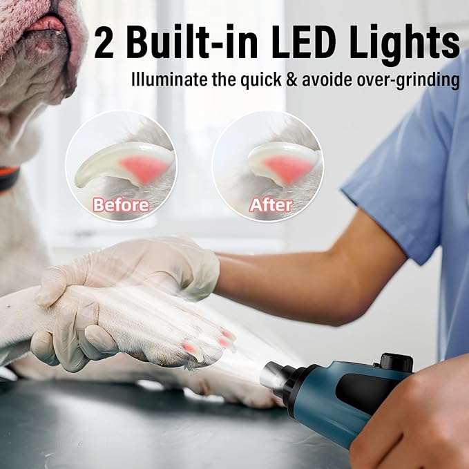 Casfuy Smart 6-Speed Dog Nail Grinder - 50% More Power Pet Nail Grinder with 2 LED Lights Quiet Rechargeable Electric Dog Nail Trimmers File Toenail Grinder for Large Medium Small Dogs & Cats (DB)