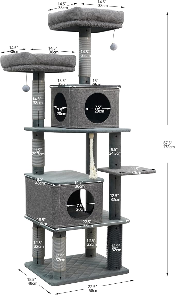 Catry® Stella 7-Level 67.5” Linen & Quilted Velvet Cat Tree with Recycled Paper Scratchers, Two Condos, Removable Beds, Toys, Easy to Clean, Ideal for Large Cats and Multi-Cat Homes (Zinc Gray)