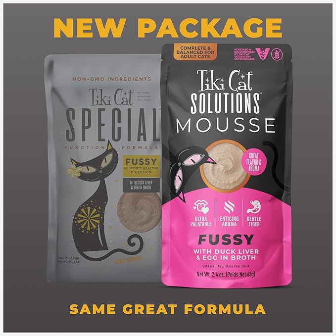 Tiki Cat Solutions Fussy Mousse, Duck Liver & Egg, Specially Formulated to Support Healthy Digestion, Functional Wet Cat for Adult Cats, 2.4 oz. Pouch (12 Count)
