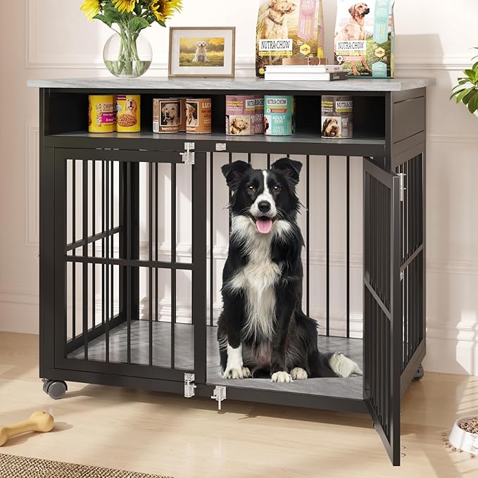 39.4" Dog Crate Furniture for Medium and Large Breed, Dog Kennel Furniture with Storage Shelf & Lockable Wheels, Heavy Duty Wooden End Side Table Pet Cage Indoor, Chew-Resistant, Grey
