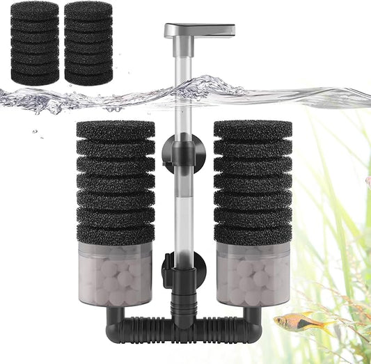 Air Powered Aquarium Sponge Filter with Biochemical Sponge and Ceramic Balls, Quiet Submersible Fish Tank Filter for 8-20Gallon (M-6.7in)