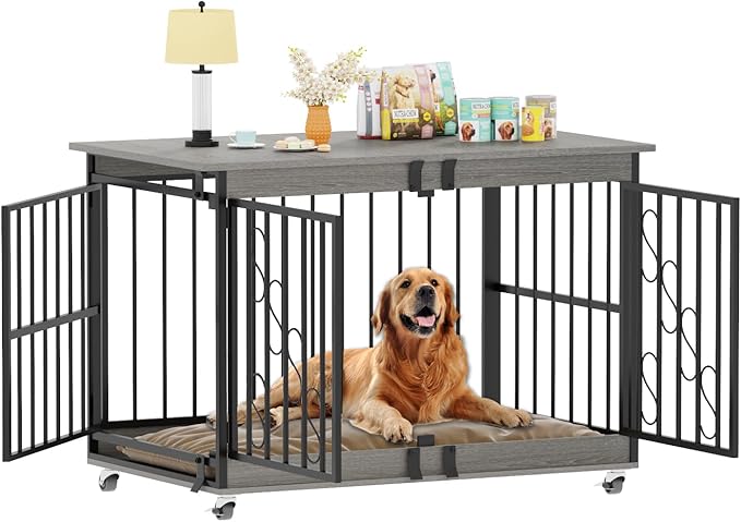 COZPAW Dog Crate Furniture, 48 Inch Dog Crates for Medium/Large Dogs, Farmhouse Wood Dog Kennel Indoor Heavy Duty Dog Cage with Caster Wheels (Gray)