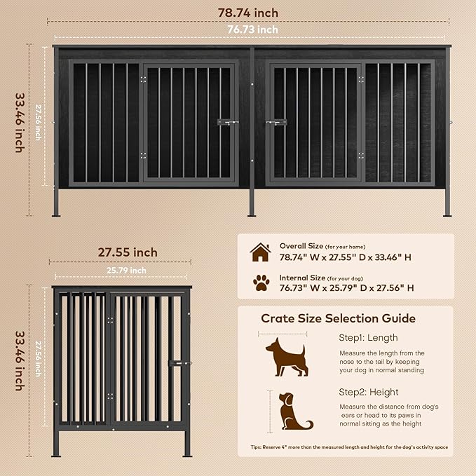 78 Inch Dog Cage Furniture for 2 Large/Medium Dogs with Removable Divider, Extra Large Double Doors Dog Kennel, XXL Thick Wooden Dog cage Furniture, Durable and Sturdy, Dark Grey